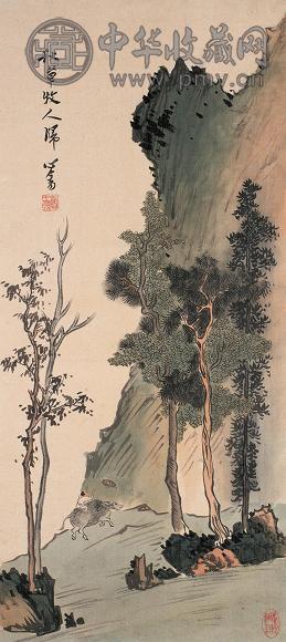 溥儒 秋草牧人归 镜心 设色绢本