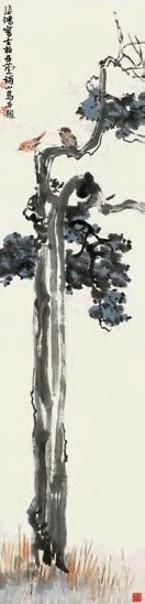 徐悲鸿 汪亚尘 古柏栖禽 立轴 设色纸本