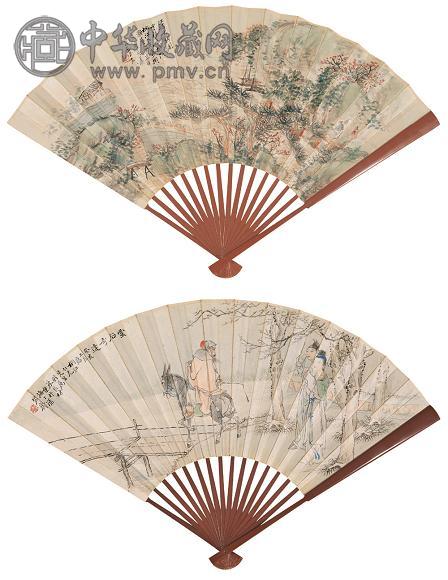 赵云壑 朱良材 1923年作 秋江待渡图 灵石奇逢图 成扇 设色纸本