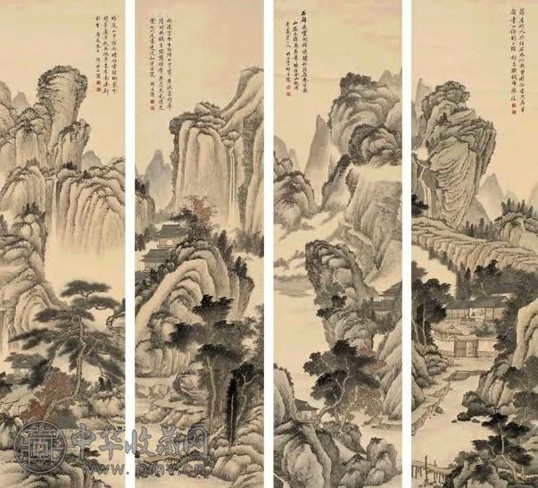 祁崑 1940年作 山水 四屏 纸本