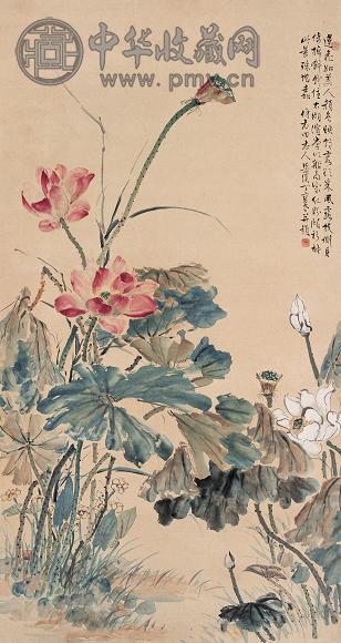 丁宝书 双色荷花图 立轴 设色纸本