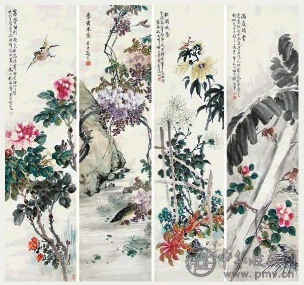 程万里 四季花卉 四屏 设色