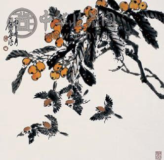 康宁 枇杷雀鸟 镜心 设色纸本