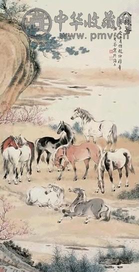 戈湘岚 1948年作 八骏图 立轴 设色纸本