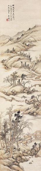 顾澐 斜桥古树图 立轴 设色纸本