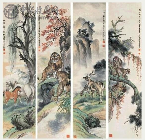 熊松泉 1933年 动物 四屏 设色纸本