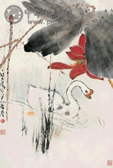 郑乃珖 荷塘闲趣 立轴 设色纸本