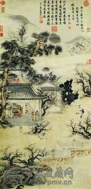 陆远 1696年作 岁朝喜庆图 立轴 设色纸本