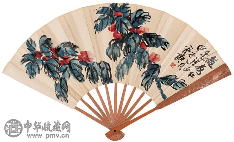 齐白石 1924年作 老少年 成扇 设色纸本