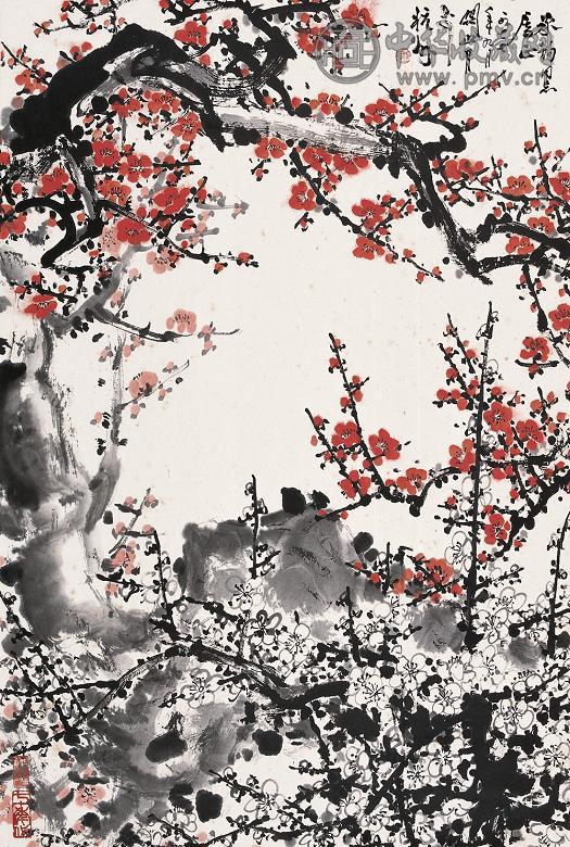 关山月 1977年作 红梅 立轴 设色纸本