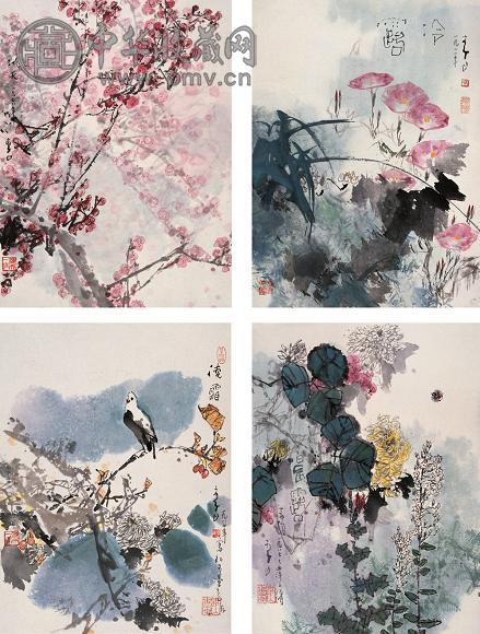 李山 1981-1987年作 风景 四屏 设色纸本