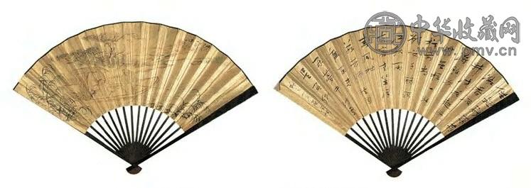 冯桂芬 山水书法 成扇 设色纸本