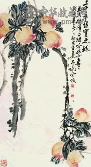 吴东迈 1948年作 寿桃 立轴 设色纸本