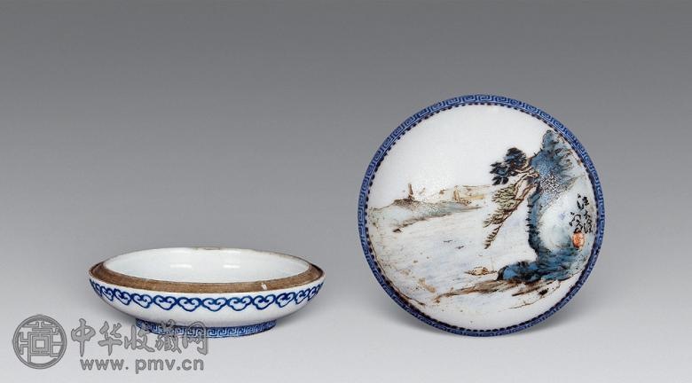 民国 粉彩汪大沧绘印泥盒