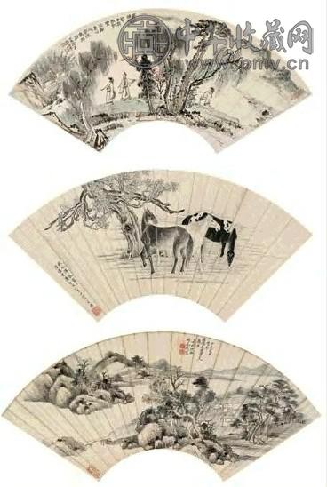 谢伯子 人物山水(3帧) 扇面 设色纸本