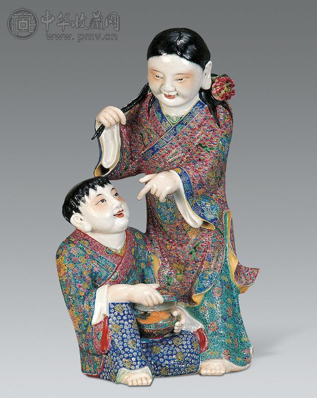 民国 粉彩和合二仙瓷塑