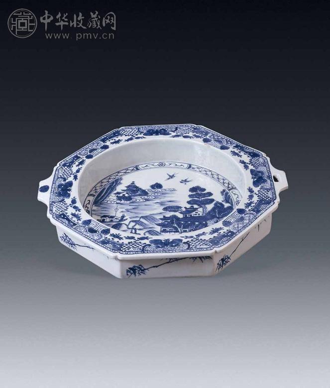 清乾隆 青花山水八棱温盘