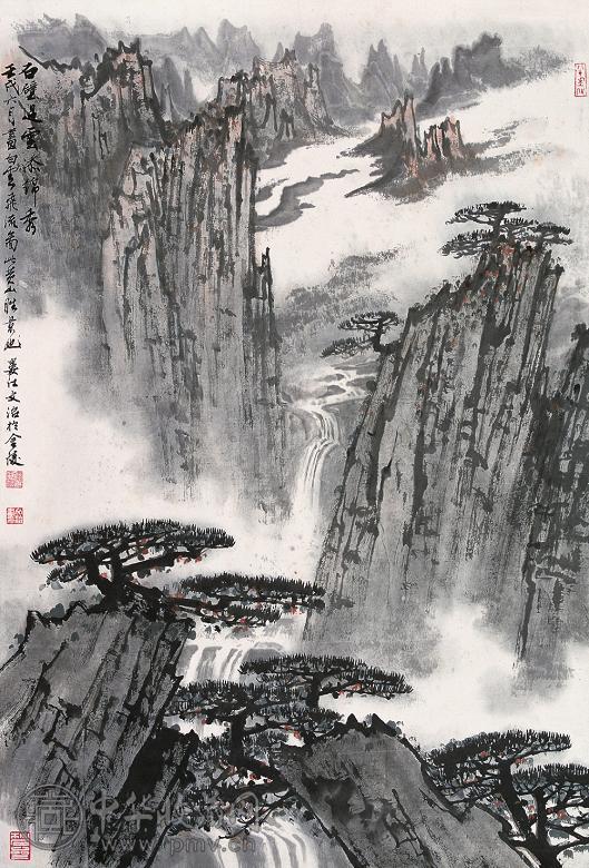 宋文治 1982年作 石壁过云添锦绣 立轴 设色纸本