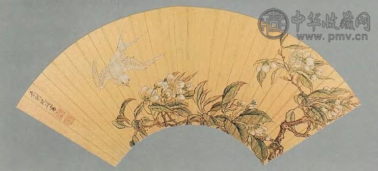 沈硕 花鸟 扇面 设色金笺