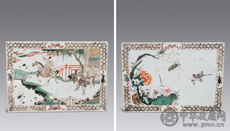 清康熙 五彩人物花鸟双面瓷砖
