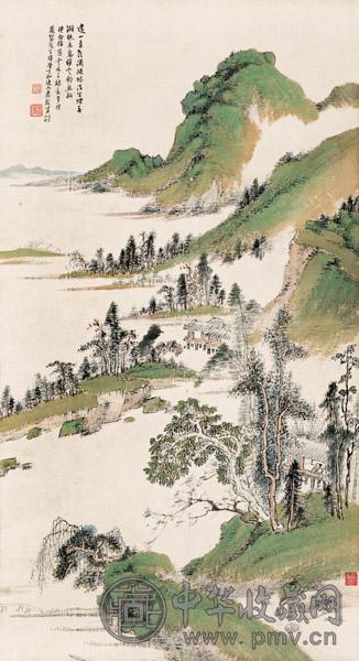 萧俊贤 1929年作 疎林淡烟图 立轴 设色纸本