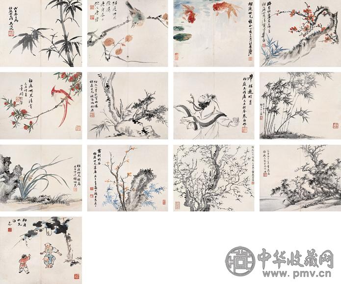 吴湖帆 唐云 1947-1950年作 杂画册 册页(13开) 设色纸本