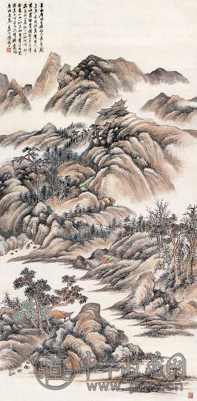 顾麟士 1922年作 秋山万寺 立轴 设色纸本