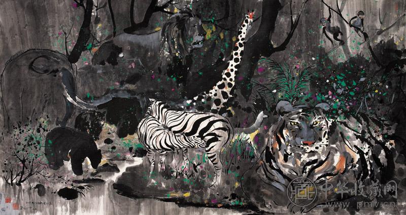 吴冠中 印尼野生动物园 设色纸本