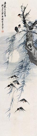 胡郯卿 花鸟 立轴 设色纸本