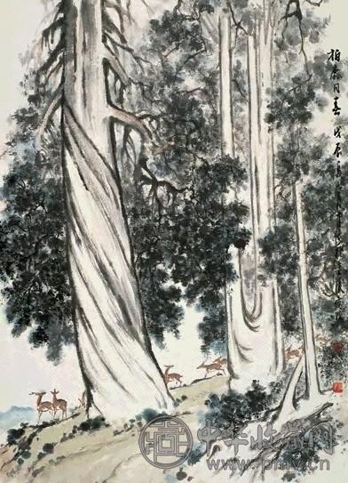 杨建侯 1988年作 柏鹿同春 立轴 设色纸本