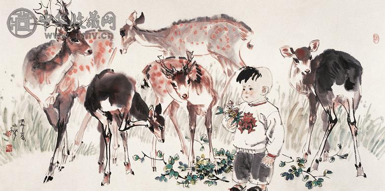 李延声 2002年作 戏鹿 镜心 设色纸本
