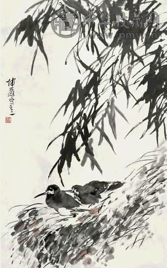 卢坤峰 竹禽图 镜心 设色纸本