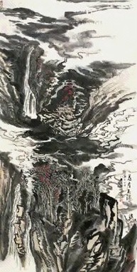 近现代 陆俨少 巍崖飞瀑 镜心