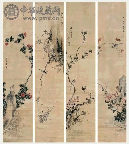 吕元 花卉 四屏 设色绢本