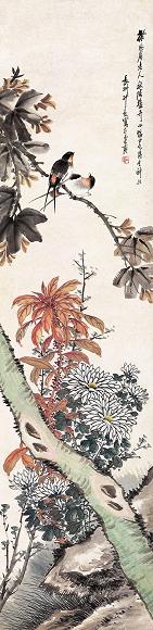 沙馥 秋菊双燕图 立轴 设色纸本