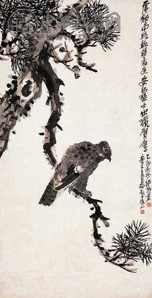 胡郯卿 1915年 松鹰高眺图 立轴 设色纸本