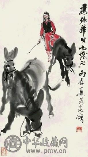 黄冑 1976年作 赶驴图 立轴 设色纸本