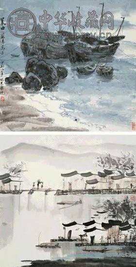 李海涛 郑叔方 1987年作 山水(2帧) 立轴 设色纸本