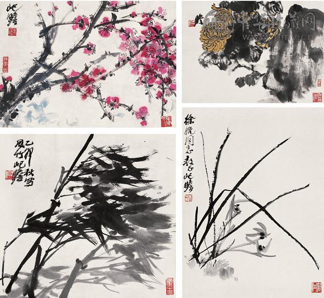 朱屺瞻 1977年作 四君子屏 立轴 设色纸本