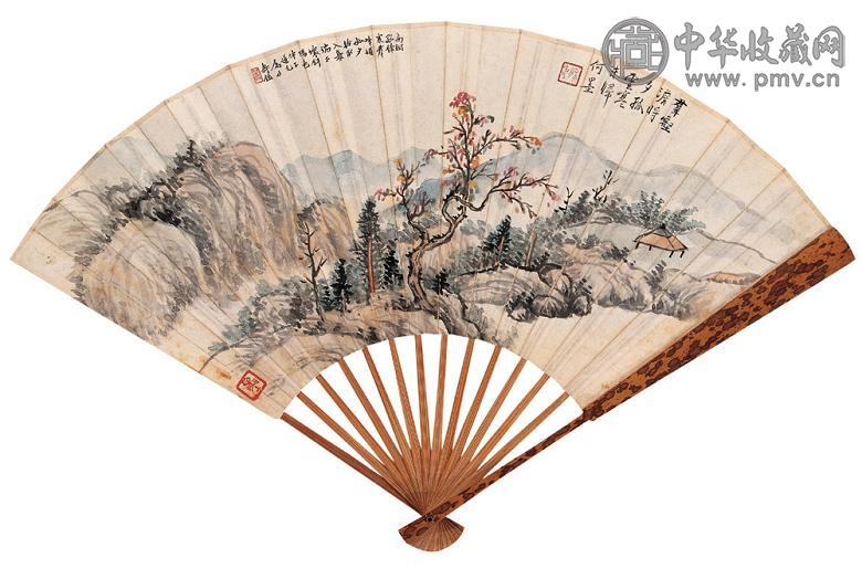 寿玺 高树峰媚 成扇 设色纸本