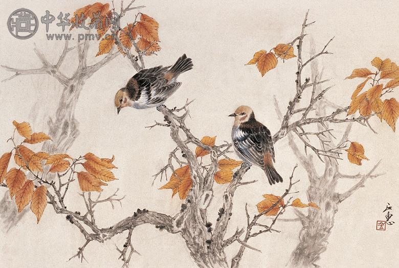 金正惠 红叶小鸟 镜心