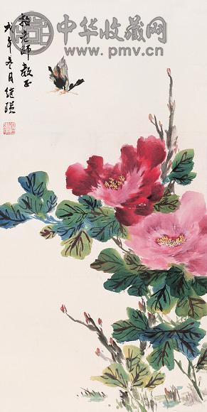 刘继 牡丹蝴蝶 立轴 设色纸本
