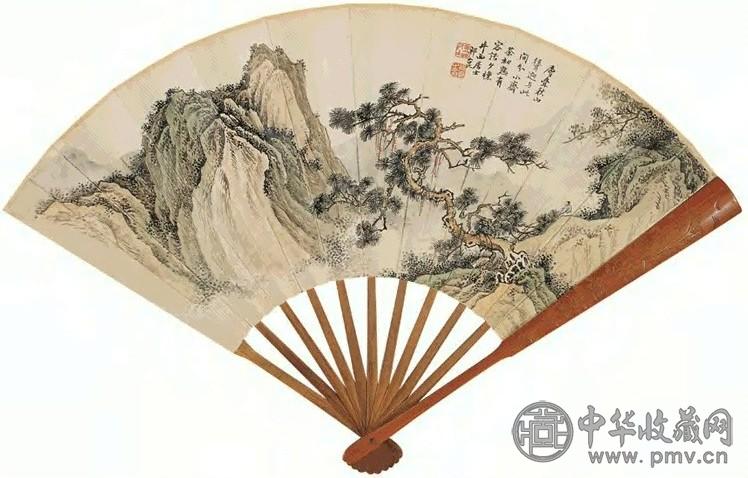 祁昆 山水 成扇 设色纸本