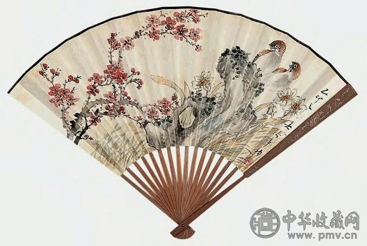 近现代 张辛稼 桃花双雀 成扇