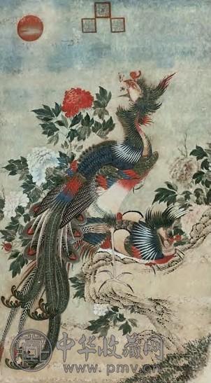 双凤朝阳 立轴 设色纸本