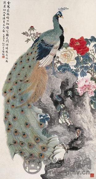 陆抑非 己丑(1949年)作 孔雀牡丹图 立轴 设色纸本