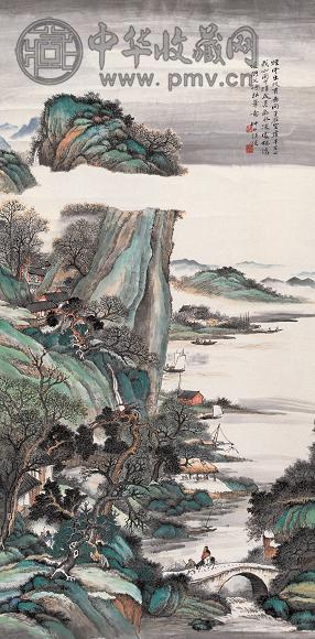 汪琨 青绿山水 立轴 设色纸本