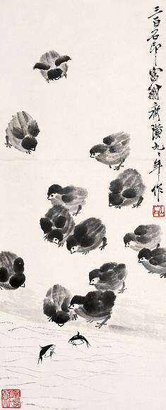 齐白石 群鸡小鱼 镜心 纸本