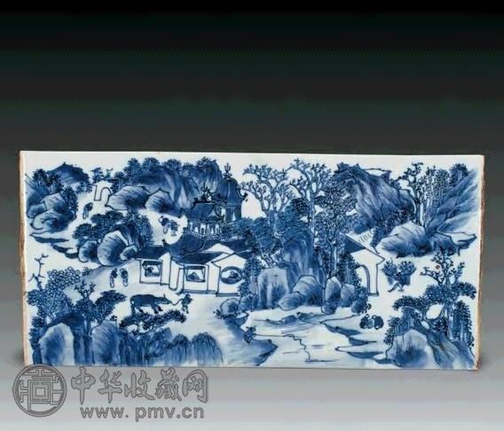 清嘉庆 青花山水人物瓷板