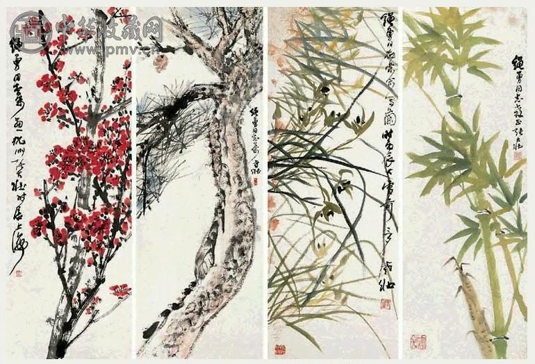 近现代 张大壮 梅兰松竹 四屏